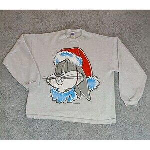 Vintage Bugs Bunny Christmas Santa Hat Sweatshirt Size Mens Large Gray USA